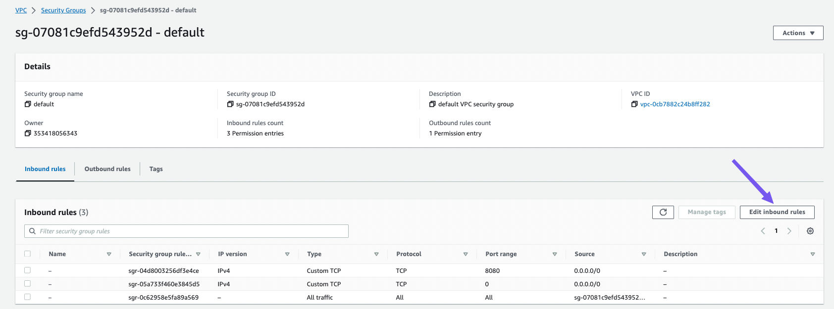 Edit inbound rules step 1