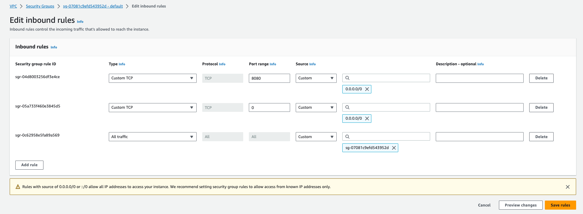 Edit inbound rules step 2